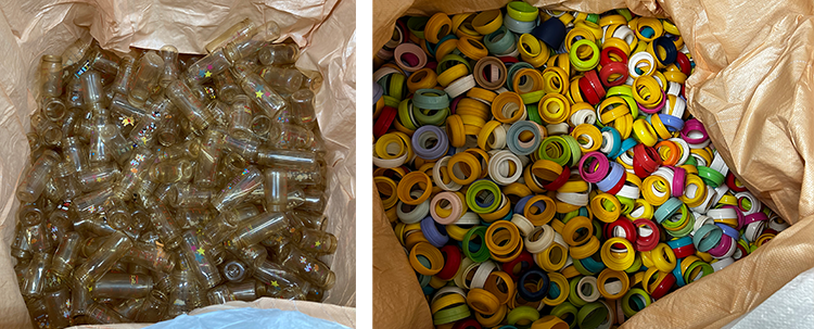 Collected baby nursing bottles (left) and caps (right)